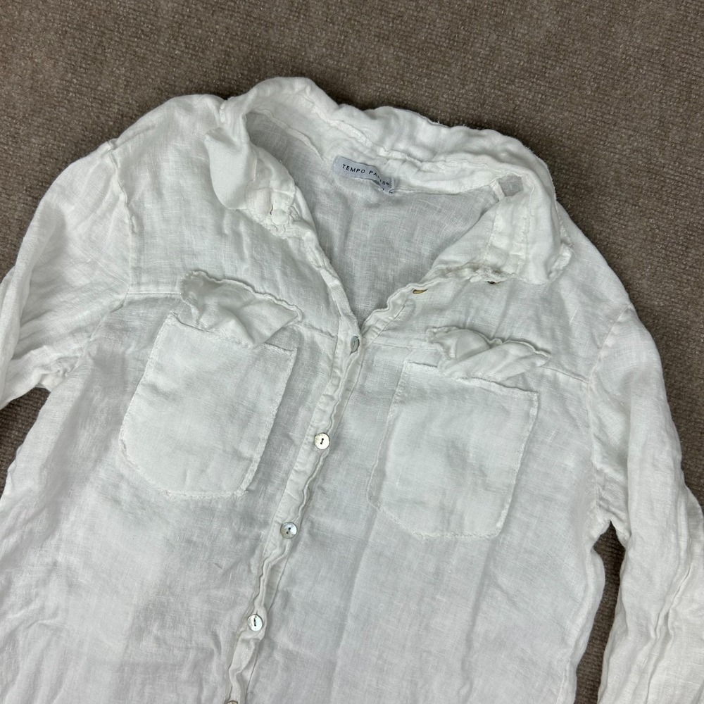 Tempo Paris Button Up Shirt Womens M/L White Linen Dual Chest Pocket Fringe Hem